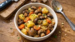 Žampiony s bramborami z jednoho pekáče: pečenka pod poklicí, která nevysychá