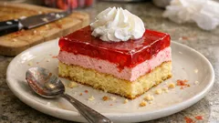 Jahodové řezy na plech s kompotem: vláčný piškot, máslový krém a želatina