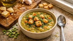 Poctivá hrachová polévka s česnekem a bylinkami – křupavé krutony navrch