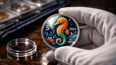 Aruba 5 florin 2024: barevná stříbrná mince s mořským koníkem, náklad jen 700 kusů