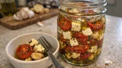 Nakládaný sýr v oleji s pečeným česnekem a rajčátky – skvělé pohoštění do sklenice
