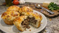 Slané muffiny s mletým hovězím z kynutého těsta – s výraznou sýrovou krustou