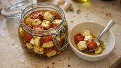 Nakládaný sýr do sklenice: s pečenými cherry rajčátky a jemným česnekem