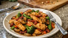 Kuřecí nudličky se zeleninou a houbami: rychlá pánevní večeře s medovo-sójovou omáčkou