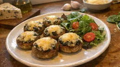 Pečené plněné žampiony s nivou a špenátem: jednoduchá chuťovka z trouby