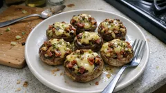 Plněné žampiony se sušenými rajčaty: rychlé pečení se sýrem a uzeným bůčkem