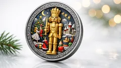 Vánoční mince Louskáček z Perth Mint: 2 oz stříbra, barvy a zlacená vložka