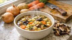 Kudrbánková polévka jako od babičky: bramboračka se sušenými hříbky a nočky