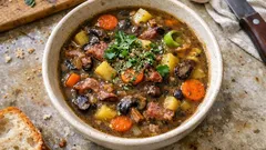 Uzená žampionová polévka, která zahřeje: jednoduchý hrnec s bramborami a krupicí