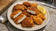 Smažená pýchavka jako řízek: dva obaly – strouhanka i kukuřičné lupínky