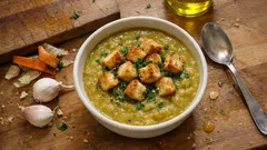 Hutná hrachová polévka s krutony: jednoduchý recept, který zahřeje