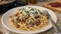 Krémové špagety se žampiony a sušenými rajčaty: rychlá večeře, co chutná jako z bistra